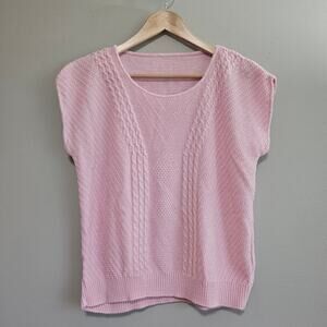 Power Pink Cap Sleeve Sweater Womens Sz M Boxy Top Cable Knit Preppy Cottagecore
